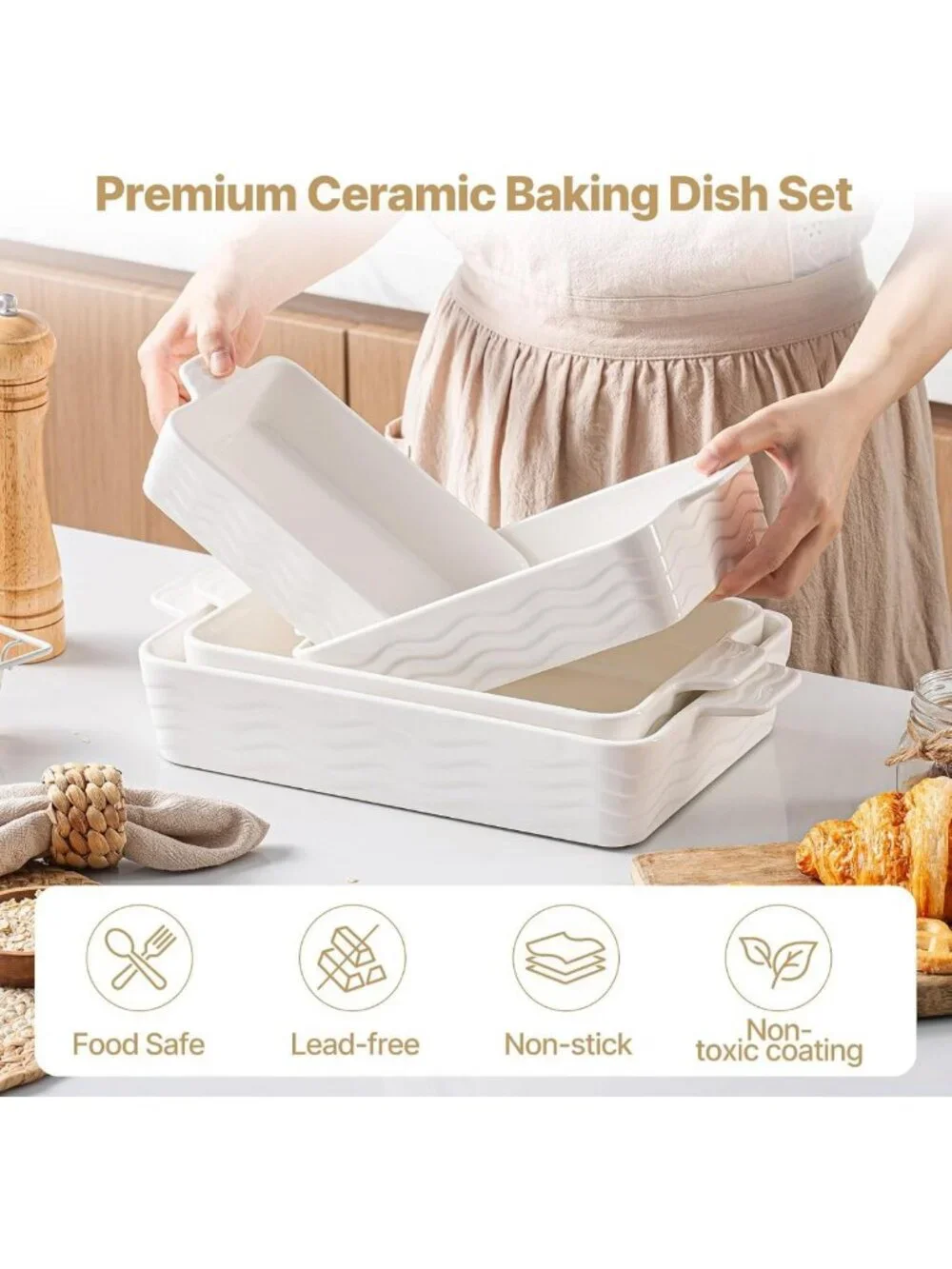 Ceramic Casserole Baking Dishes Set of 4 - Oven Safe, Rectangular, White